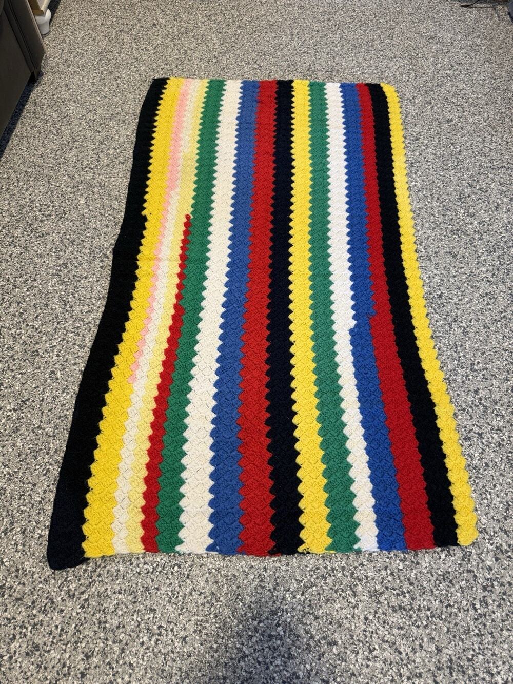 Vtg Boho Crochet Blanket Afghan Throw Multi Color Rainbow Stripe 60” X 32”⬇️